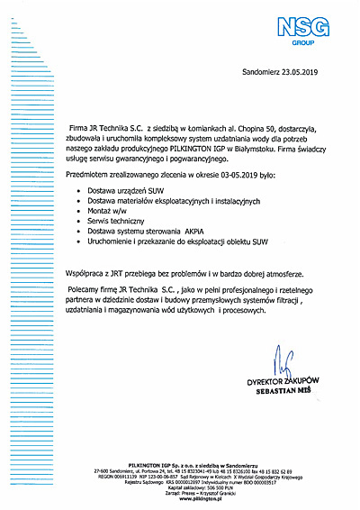 PILKINGTON IGP Sp. z o.o. - system uzdatniania wody